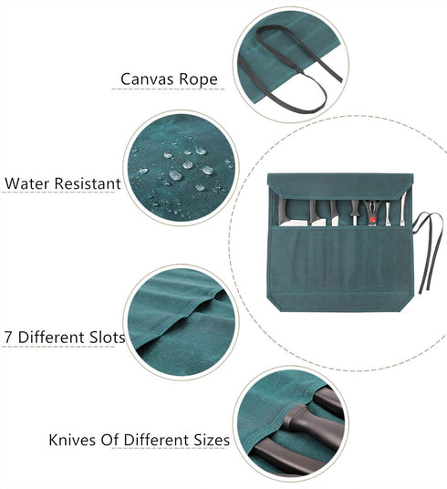 Denifiter Heavy Duty Waxed Canvas Chef Knife Storage Roll Bag, Waterproof and Durable (Dark Green)