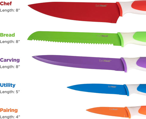 EatNeat 12 Piece Knife and Cutting Board Set: Premium Colorful Non-Stick Stainless Steel Chef Knife with Protective Sheaths & Sharpener - Cooking Gifts Idea - Ergonomic Sharp Knives for Kitchen by EatNeat