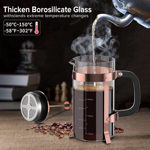 QUQIYSO French Press Coffee Maker, 34oz 304 Stainless Steel with 4 Filter, Borosilicate Glass, Easy to Clean, Copper