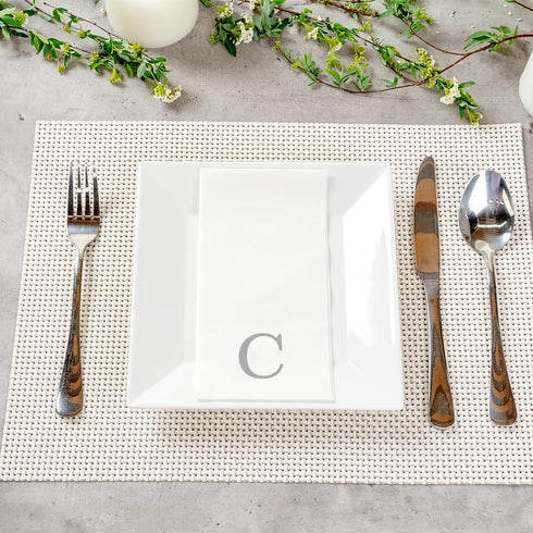 15.8 7.9 Inch 50 Luxenap X Linen-Feel Guest Towels, Lettered Hand Towels - Silver Letter 'C', Sans Serif Font, White