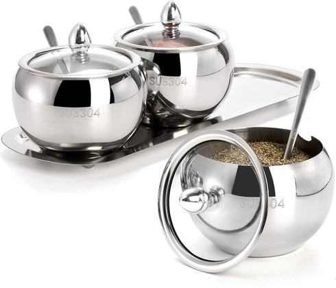 Hedume 3 Grids 304 Stainless Steel Seasoning Containers Set with Lid Spoon and Tray for Serving Sugar, Pepper, Spice