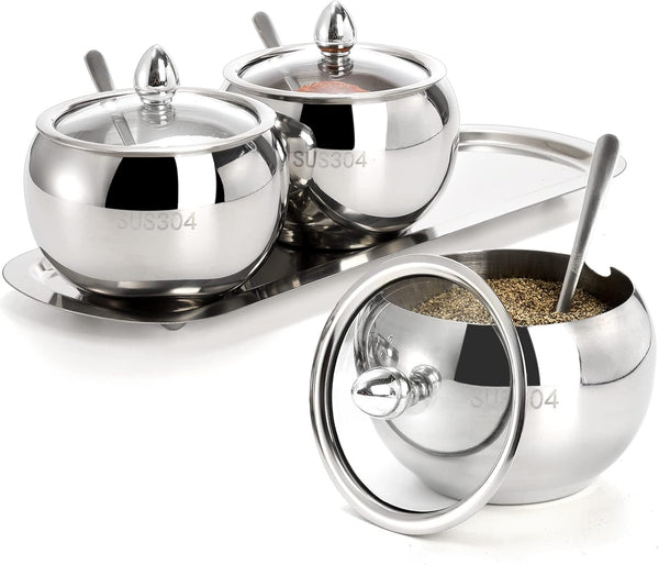 Hedume 3 Grids 304 Stainless Steel Seasoning Containers Set with Lid Spoon and Tray for Serving Sugar, Pepper, Spice
