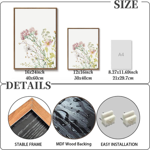 Set 3, 12 16 Inch MTFBWY Wildflower Framed Canvas Wall Art of Nursery Floral Botanical Watercolor Prints, Lightweight