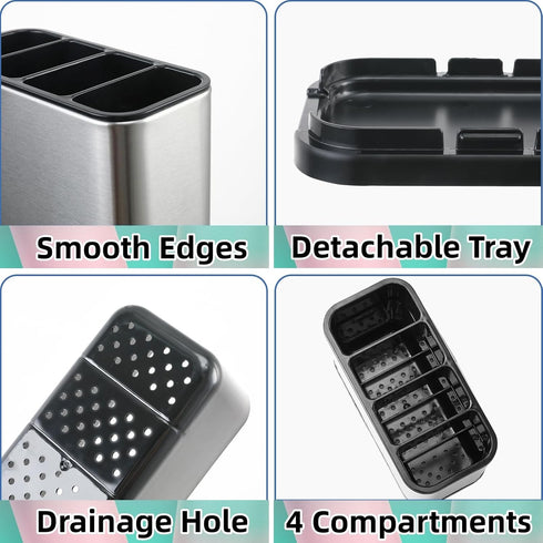 Kitchen Utensil Holder for Counter Organizer, Stainless Steel 4 Compartments Storage Caddy for Cooking