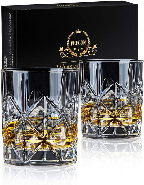 Whiskey Glass Set of 2 - Veecom 10 oz Crystal Bourbon Glasses, Old Fashioned Rocks Tumblers for Home Bar Gifts