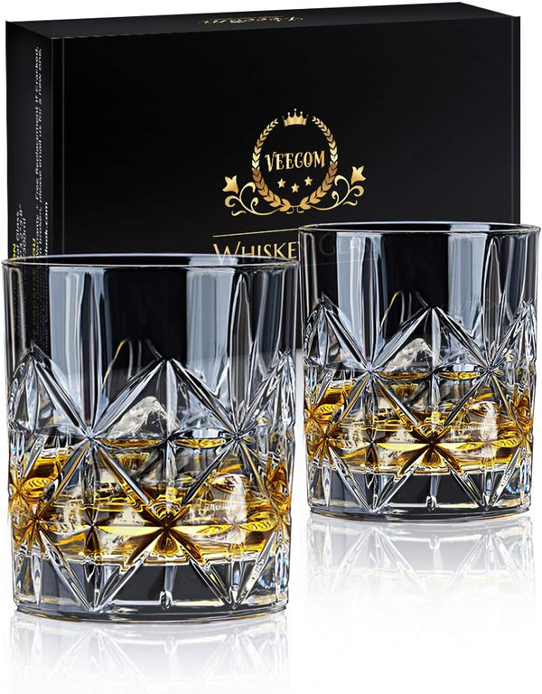 Whiskey Glass Set of 2 - Veecom 10 oz Crystal Bourbon Glasses, Old Fashioned Rocks Tumblers for Home Bar Gifts