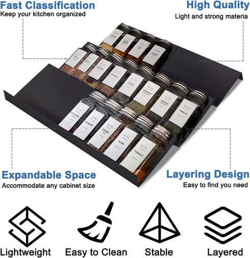 Expandable Spice Drawer Rack Organizer Insert for Kitchen Cabinet, Multi Tier Adjustable Spice Storage Shelf, Pack of 6