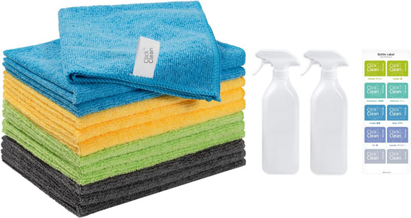 CLICK CLEAN Microfiber Cleaning Cloths, 12-Pack, 12" x 16", Includes 2 Free Bottles and 10 Labels for Cleaning