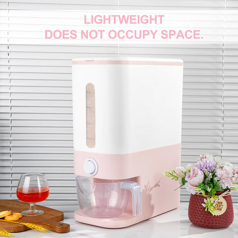 Rubtlamp 22.5 Lbs Pink Rice Dispenser - Rice Storage Container with Measuring Cup for Household Kitchen Use.