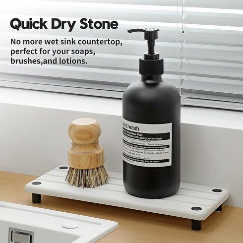 Instant Dry Sink Caddy Kitchen Sink Organizer, Quick Drying Diatomaceous Earth Stone Sink Tray Sponge Holder Soap Dish, Bathroom Countertop Vanity Dispenser Toothbrush Bottle, White, 10" x 4" by Razborci