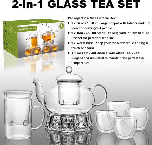 2-IN-1 Sets 4 Glass Tea for Adults - Includes Glass Teapot and Mug with Infuser, Warmer Base, Double Wall Glass Tea Cup