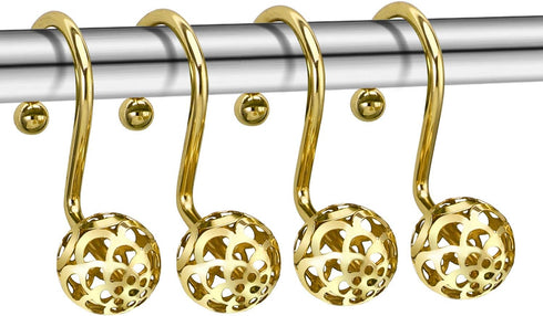 Chictie Gold Shower Curtain Hooks Rings, Set of 12 Brass Decorative Rustproof Hangers for Bathroom Curtains Rods