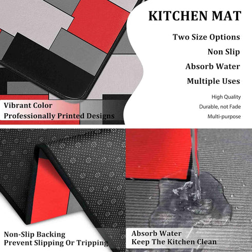Set 2- 17x47.2 17x30 inches Kitchen Rugs of Red, Black, and Grey Modern Geometric Non-Slip Washable Floor Mats