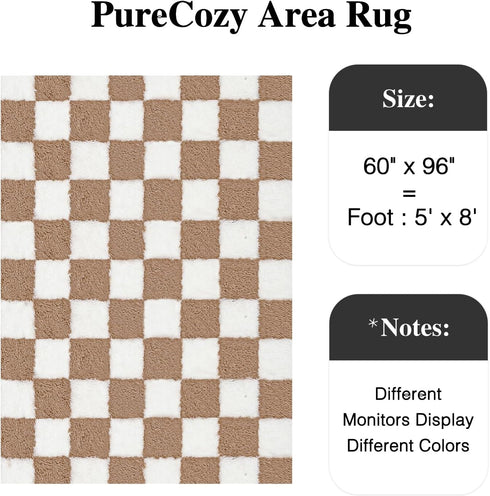 PureCozy 5x8 Checkered Rug for Living Room, Brown and White Modern Shag Rugs Super Soft Washable Indoor Office Fuzzy