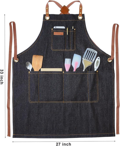 Professional Black Denim Apron with Pockets, Cooking Chef Kitchen Grill BBQ Hairstylist Apron with Leather Straps