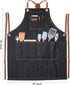 Professional Black Denim Apron with Pockets, Cooking Chef Kitchen Grill BBQ Hairstylist Apron with Leather Straps