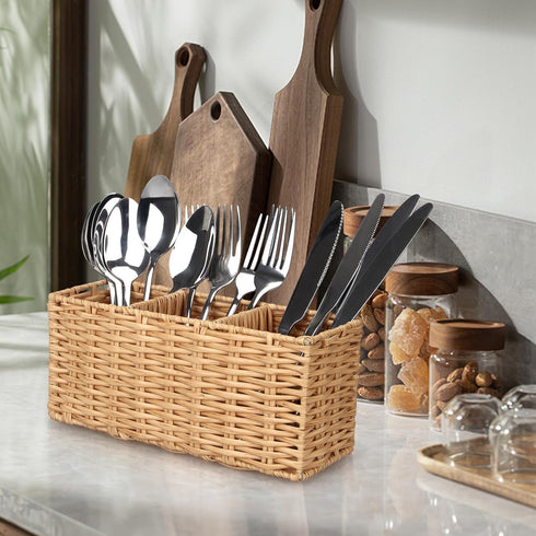 Ayiaren Wicker Flatware Caddies, Best Kitchen Silverware Organizer, Storage for Countertop, Party Utensil Holder