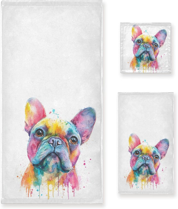 Pfrewn French Bulldog Puppy Towels Set of 3 Watercolor Dog Colorful Art
