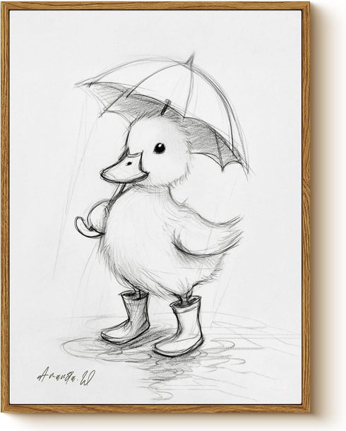Framed Duck Canvas Wall Art 12x16 Inch, Cute Baby Duck Sketch Illustration