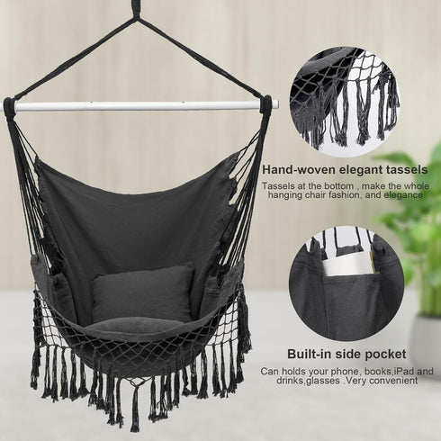 Hammock 2 Chair, Hanging Rope Swing Seat with Cushions,Macrame Hanging Chair Side Pocket with High Load-Bearing Metal