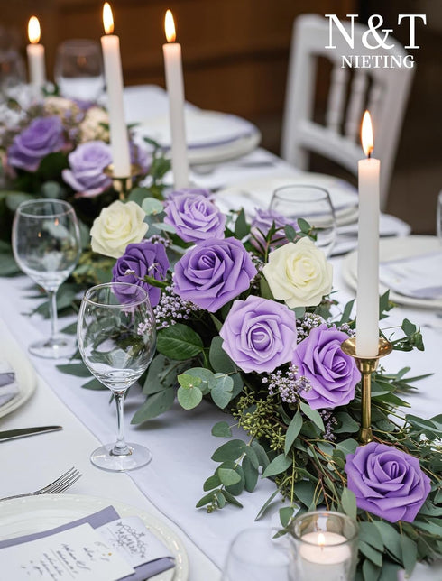 N&T NIETING 25pcs Artificial Flowers Rose with Stems for DIY Wedding Bouquets & Home Decoration, Series Purple
