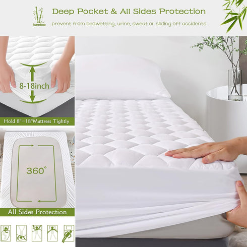 GRT Twin Mattress Protector Waterproof, Rayon from Bamboo, Cooling Quilted Fitted Mattress Pad, Noiseless Cover fits up