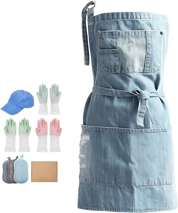 Denim Apron With 5 Pockets for Kitchens,Hairstylist Aprons for Women Men,Adjustable Bib