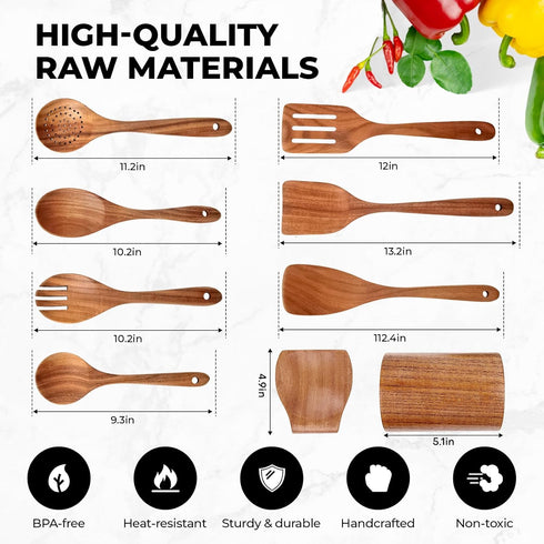 Wooden Cooking Utensils Set - Natural Teak Kitchen Utensil Set with Spoon Rest & Holder, 9 Piece