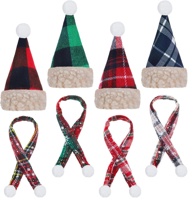 Geyoga 8 Pcs Mini Santa Hats and Scarves Decor Doll Christmas Accessories Small