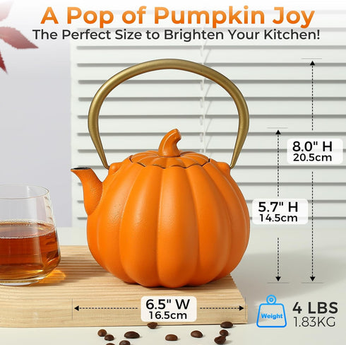40oz Orange Pumpkin Cast Iron Teapot with Infuser - Japanese Iron Tea Kettle with Enamel Interior, Cute Halloween