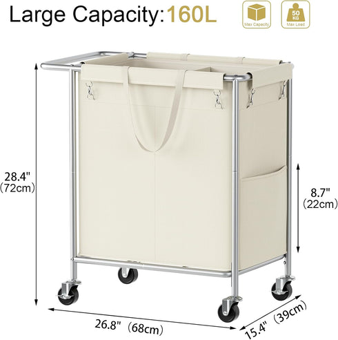 Wheels,160L 2 Chrislley Double Laundry Hamper with Rolling Laundry Basket Section,Steel Frame Laundry Cart with Handle