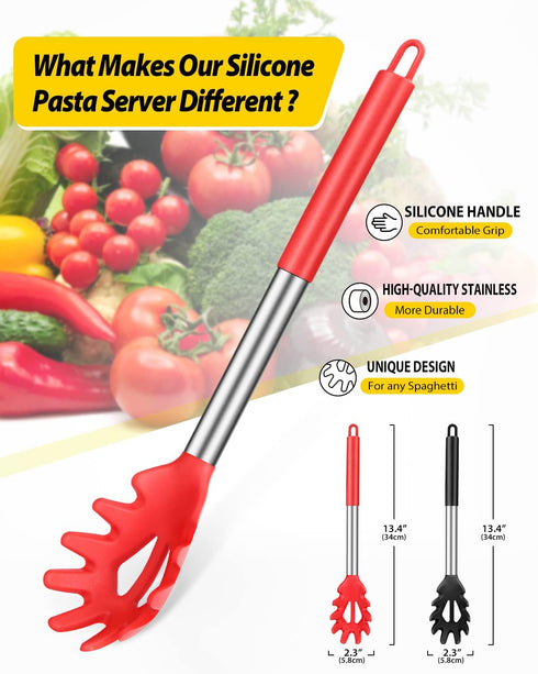 Pack of 2 Silicone Pasta Fork, Kitchen Heat Resistant Noodle Spoon Server, BPA Free Spaghetti Strainer, Best Cooking Tools (BLACK-RED) by BUNDLEPRO