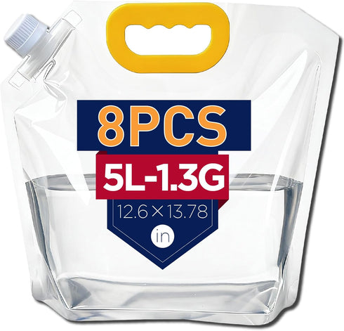 Collapsible Water Container Bag 8Pcs 1.3 Gallon, Freezable Plastic Foldable water Pouch