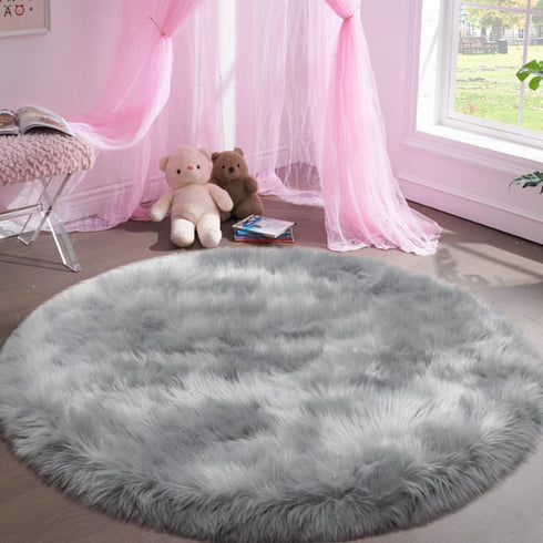 Grey Faux Fur Rug - Fluffy Round Rug for Bedroom, Kids Room, 3X3 Soft Gray Shag Circular Carpet for Nursery