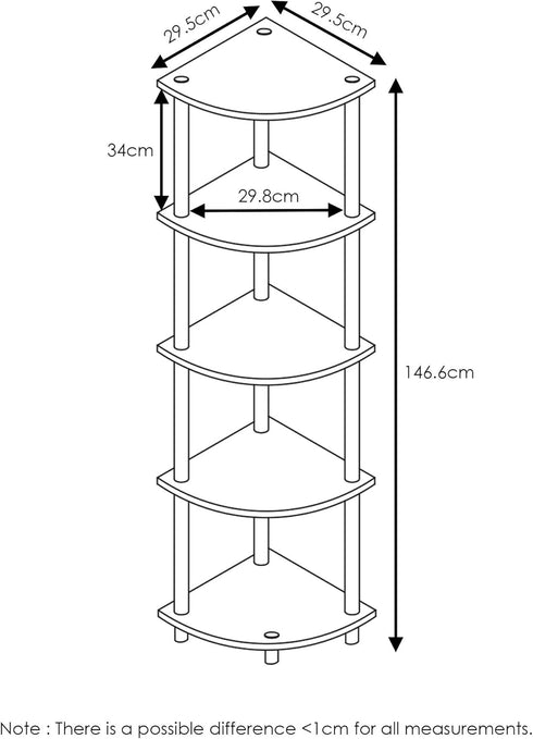 5-Tier Furinno TURN-N-TUBE Corner Shelf, Corner Bookshelf, Open Storage Shelves, for Organization and Storage, Living