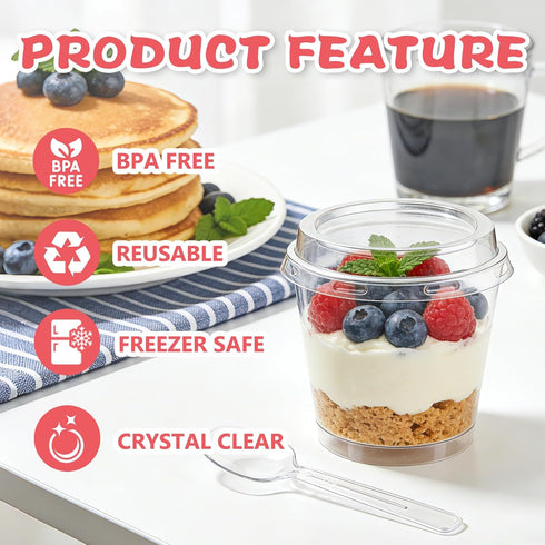 50 Pack 6 oz Plastic Dessert Cups with Lids and Spoons, Clear Round Pudding Parfait Shooter Jello Fruit Cups for Party