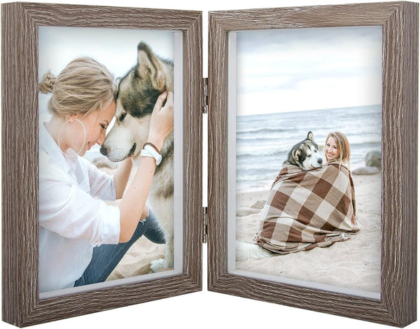 AEVETE 5x7 Double Picture Frames Hinged Wood Folding Frames for Vertically Display, Gray