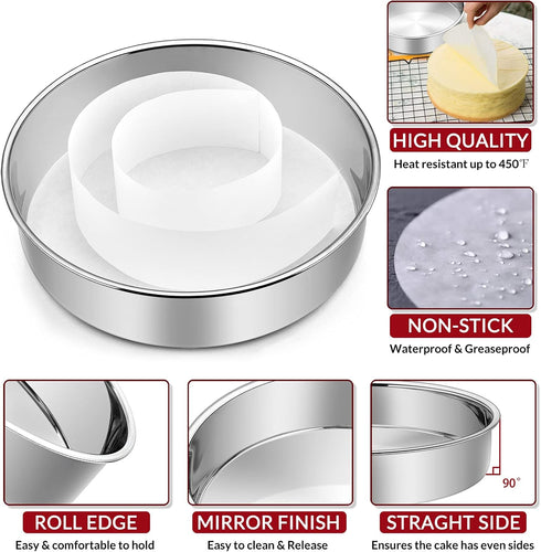6 Inch Cake Pan Set of 2, E-Far Stainless Steel Round Layer Baking Pans with Parchment Rounds, Non-Toxic & Dishwasher