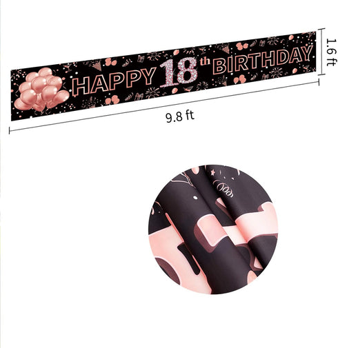 Pimvimcim 18th Birthday Decorations for Girls - Happy 18th Birthday Banner in Rose Gold and Black, Party Supplies