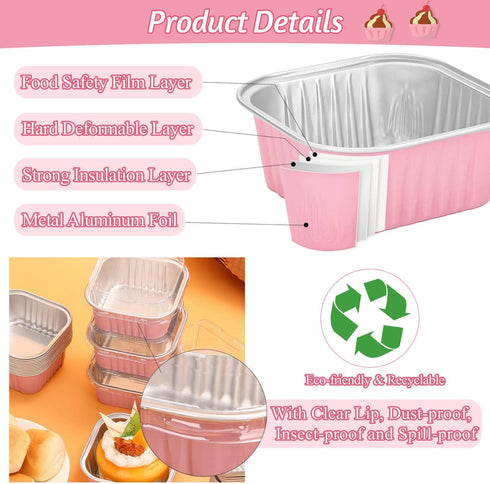 selizo 60 Pack Mini Disposable Cake Pans with Lids, 5oz Aluminum Foil Square Baking Cups for Individual Cakes