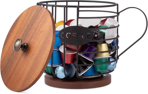 Coffee Pod Holder with Lid - Large Capacity K Cup Coffee Filter Holder with Rustic Wooden Base, Black Wire Storage