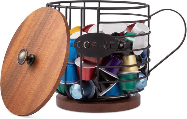 Coffee Pod Holder with Lid - Large Capacity K Cup Coffee Filter Holder with Rustic Wooden Base, Black Wire Storage