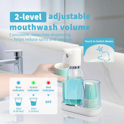 WannSenn Set, 25oz Automatic Mouthwash Dispenser for Bathroom Smart Electric Mouthwash Dispenser with Cup Holder
