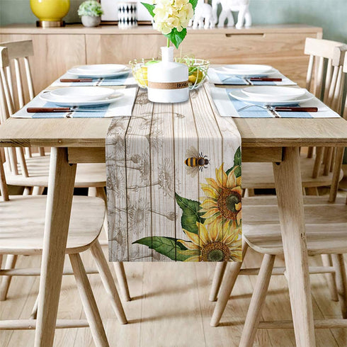Summer Table Runner - Sunflower with Bees Wood Background, 13"X90" Farmhouse Style for Dining Room, Kitchen, Holiday