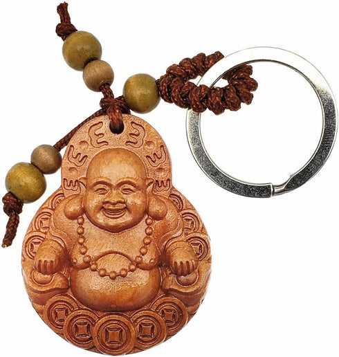 Betterdecor Feng Shui Peach Wood Money Happy Laughing Buddha Key Ring Amulet