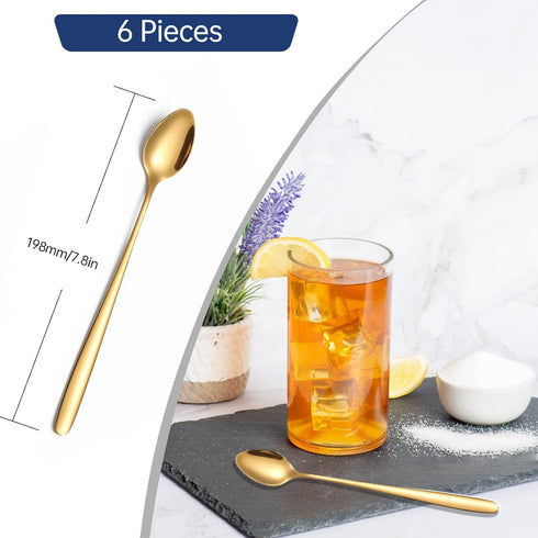 Long Handle Iced Tea Spoon, 7.8-Inch Gold Coffee Spoon, Set of 6 Stainless Steel Ice Cream Spoons