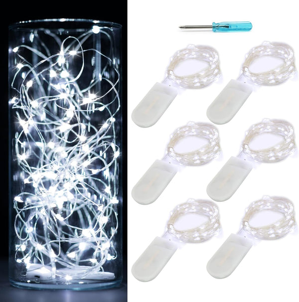 6 Pack Fairy Lights, Battery Operated Waterproof String Lights, 7ft, 20 LEDs, Silvery Copper Wire