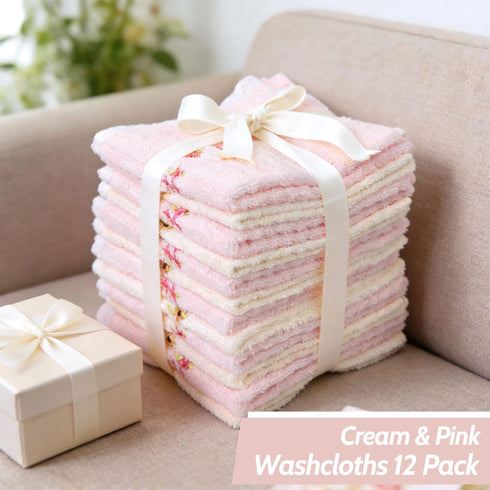 12 Pack 13 13" Jacquotha Pink Washcloths (Floral Embroidered), Soft Wash Cloths for Face, Body, Showering, Spa