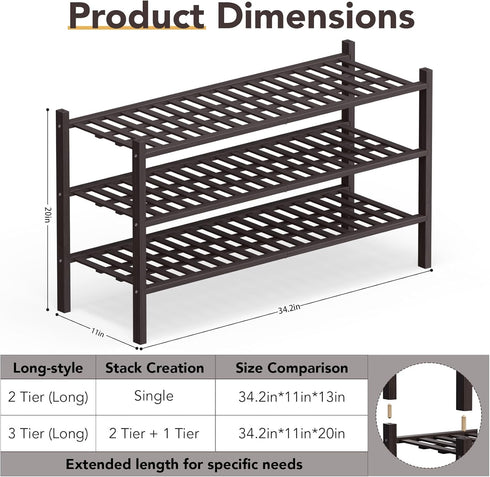 3 Closet,Hallway,Entryway,Small 34.2"x11"x20" Haddockway Long Tier Bamboo Shoe Rack Storage Organizer,Multifunctional
