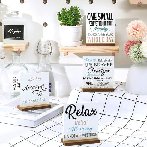 4 Pcs Inspirational Desk Decor Gifts, Positive Motivational Quotes Wooden Plaque Sign with Stand for Home Office